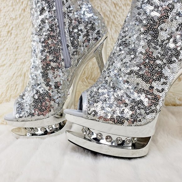 3011 Silver Sequin Open Toe Thigh High Heel Boots Blondie - Picture 13 of 15